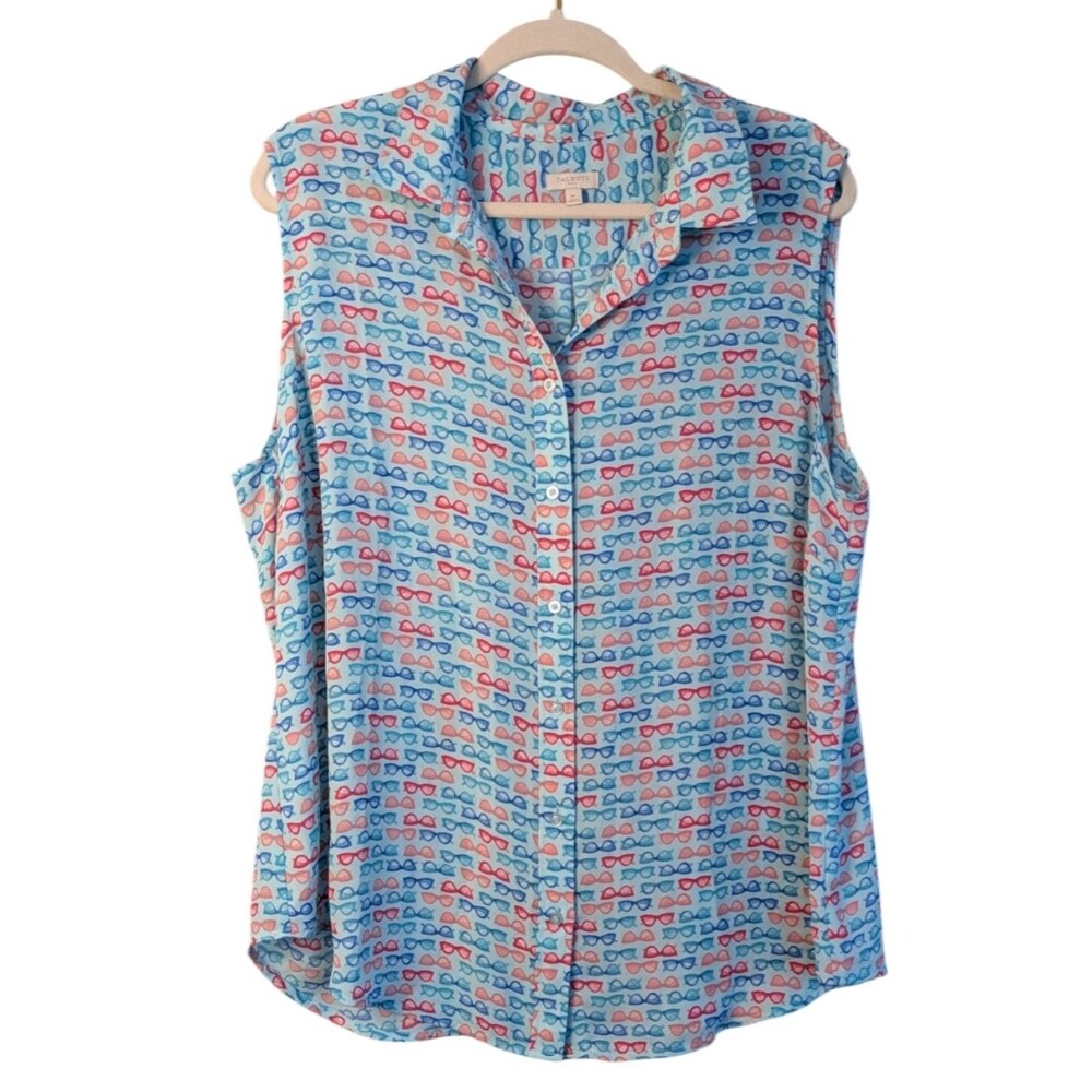 Talbots Woman Coastal Whimsical Sunglasses Print Sleeveless Summer Blouse XL